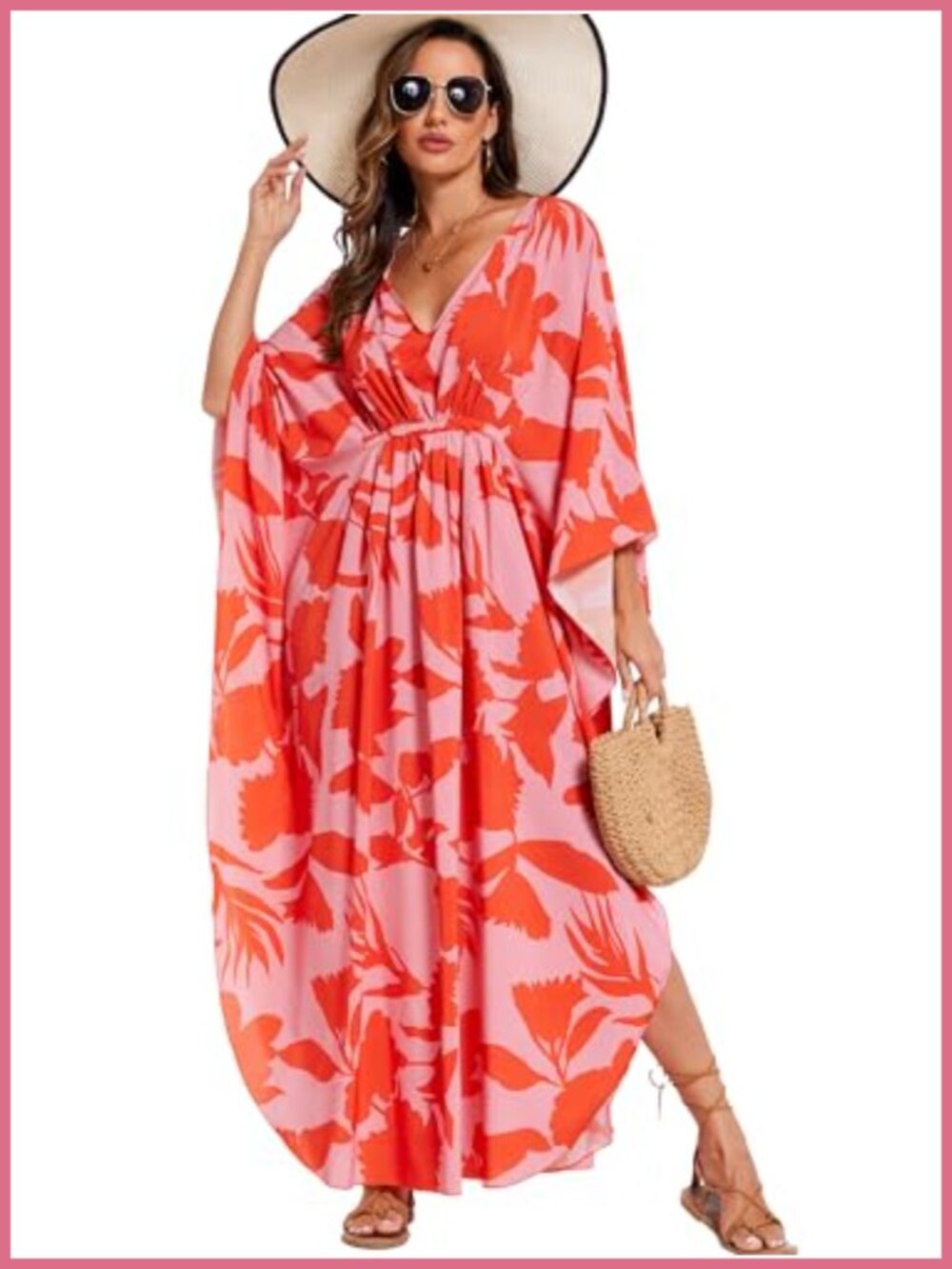 Kaftan Maxi Dress Swim Cover Up V-Neck Batwing Sleeve Lightweight Viscose